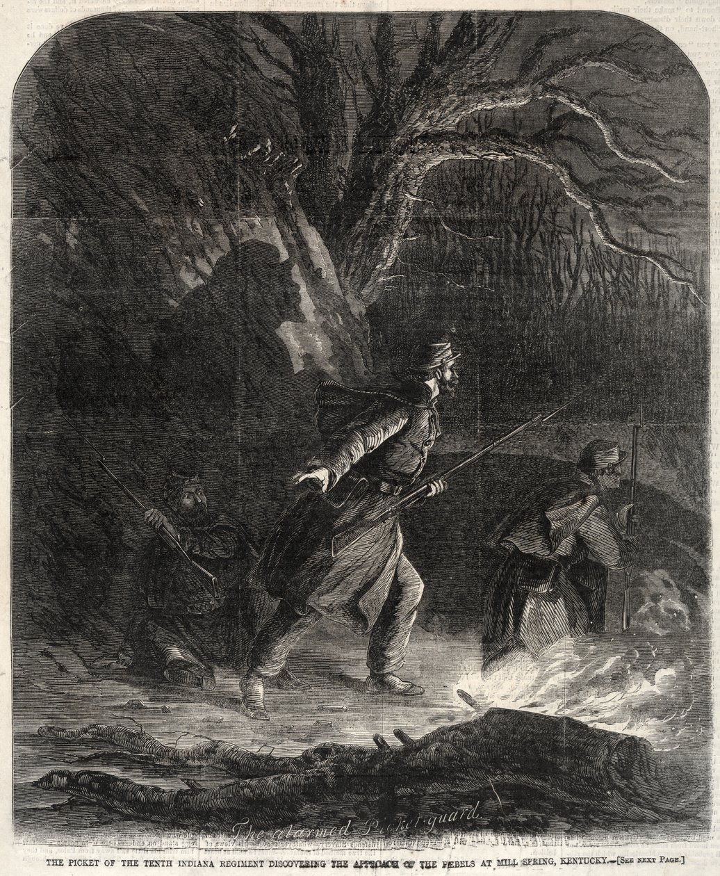 Vaktposten från det tionde Indiana-regementet upptäcker rebellernas framryckning vid Mill Spring, Kentucky av Winslow Homer
