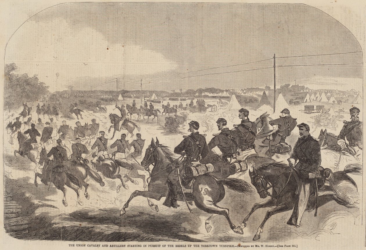 Unionens kavalleri och artilleri som startar i jakten på rebellerna uppför Yorktown..., publicerad 1862 av Winslow Homer