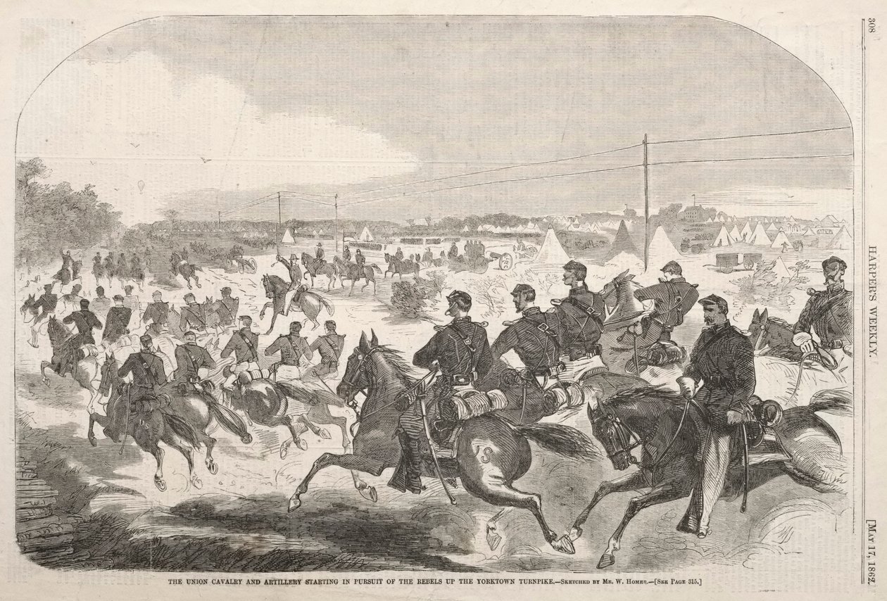 Unionens kavalleri och artilleri inleder jakten på rebellerna längs Yorktown Turnpike av Winslow Homer