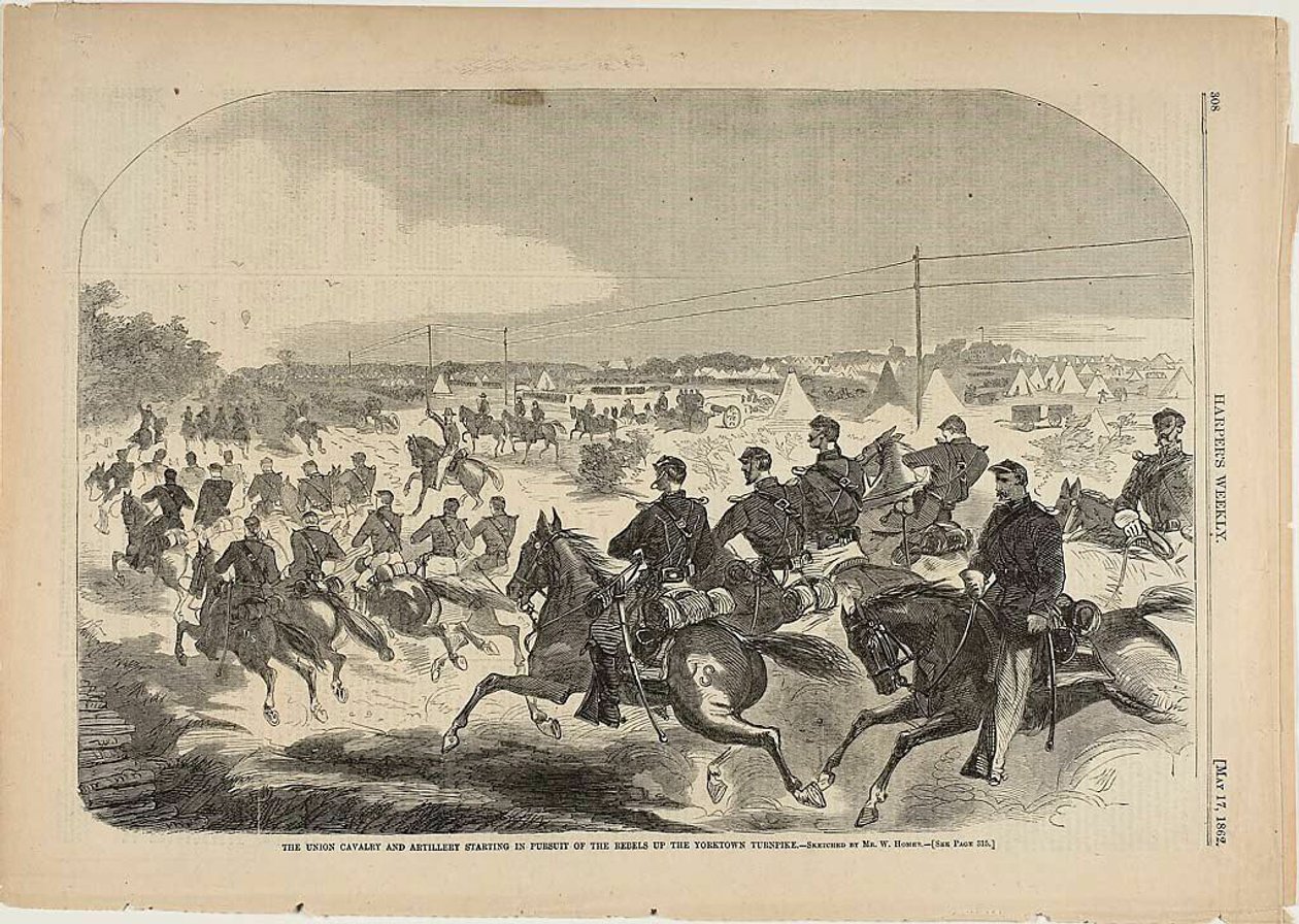Unionens kavalleri och artilleri inleder jakten på rebellerna längs Yorktown Turnpike av Winslow Homer