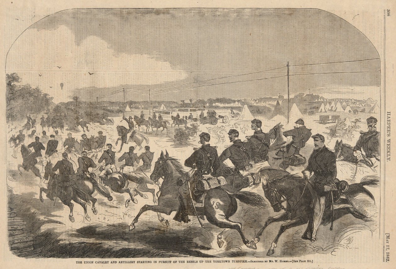 Unionens kavalleri och artilleri inleder förföljelsen av rebellerna längs Yorktown Turnpike, ur Harper