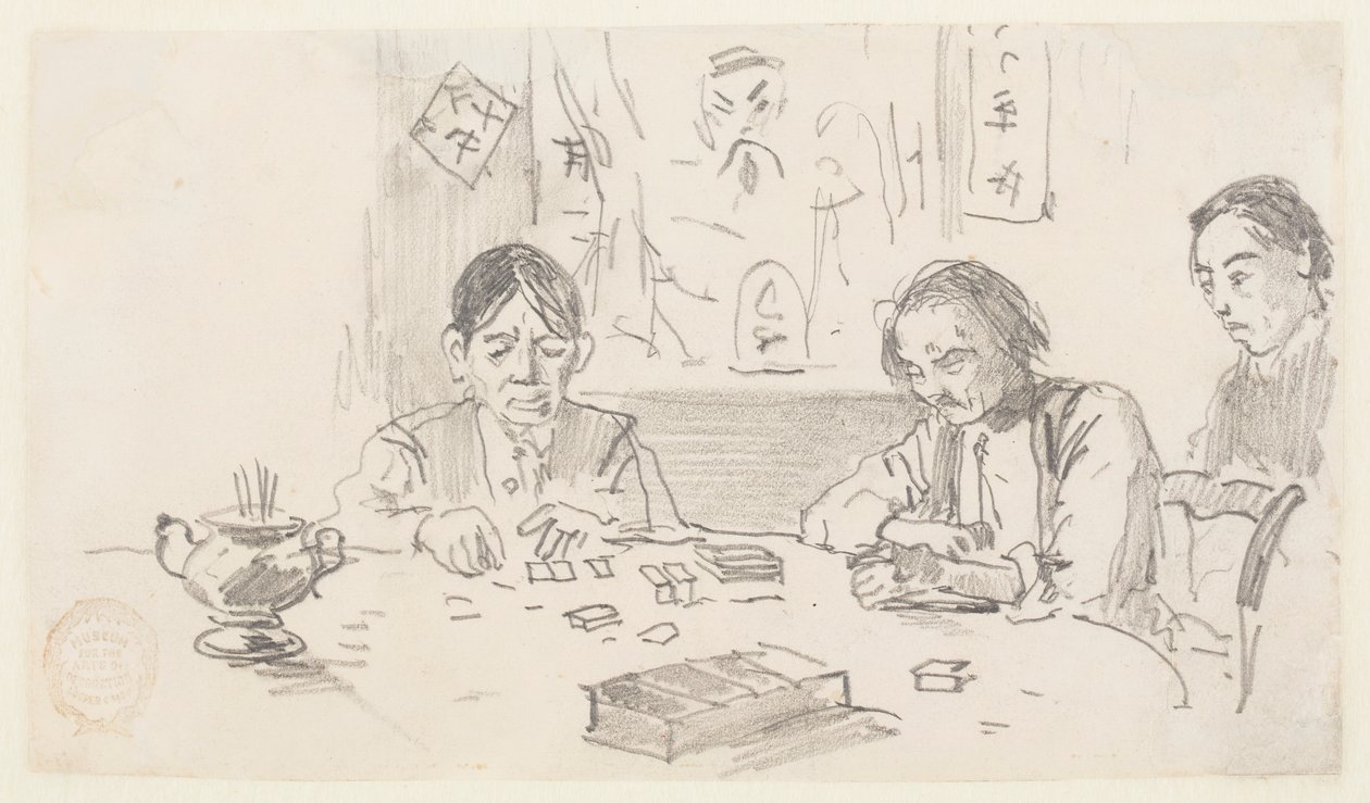 Tre kinesiska män som spelar domino i ett klubbhus på Baxter Street, New York City av Winslow Homer