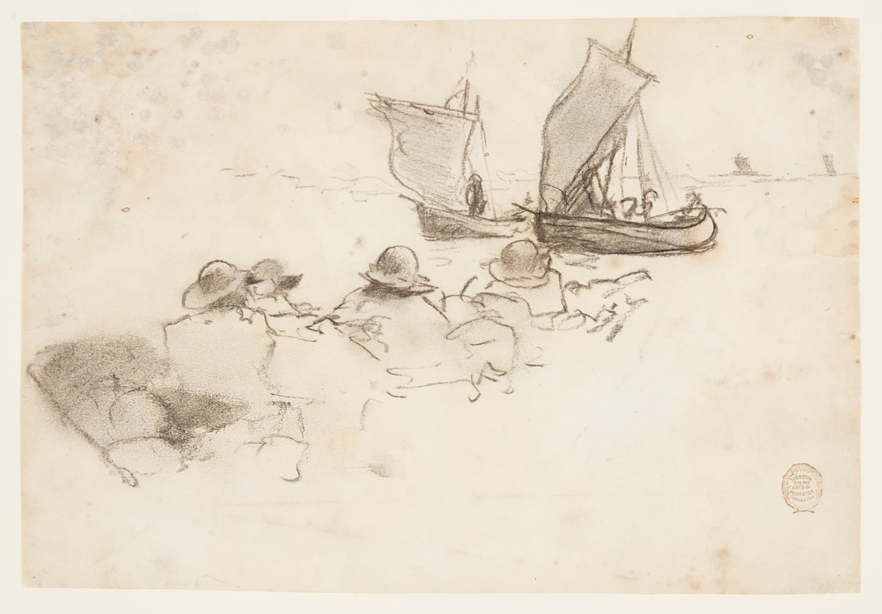 Två fiskebåtar med segel, Cullercoats, England av Winslow Homer