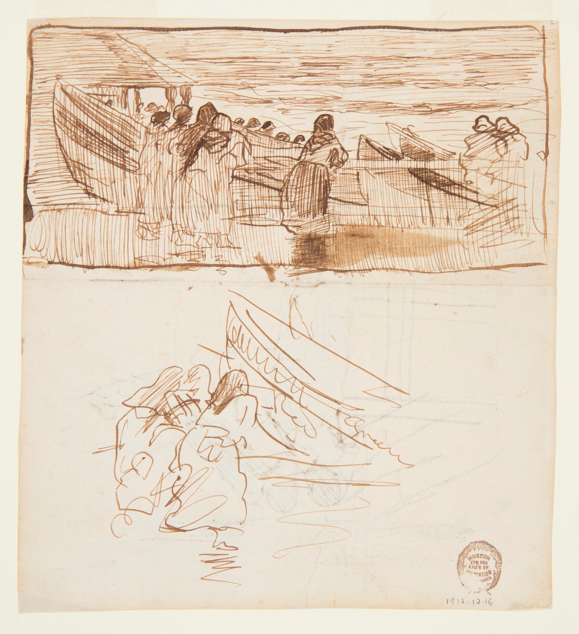 Två studier av kvinnor som står bakom räcke, tittar på lanseringen av dories, Cullercoats, England av Winslow Homer