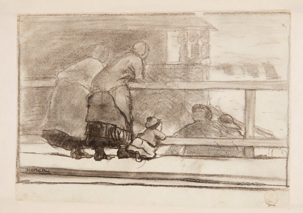 Två kvinnor och ett barn vid en järnväg, med utsikt över stranden i Tynemouth av Winslow Homer