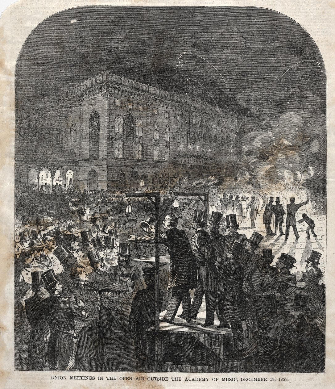 Fackligt möte i det fria utanför Musikhögskolan, 1859. av Winslow Homer