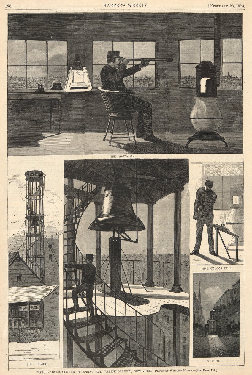 Watch-Tower, Corner of Spring och Varick Streets, New York, från Harper av Winslow Homer