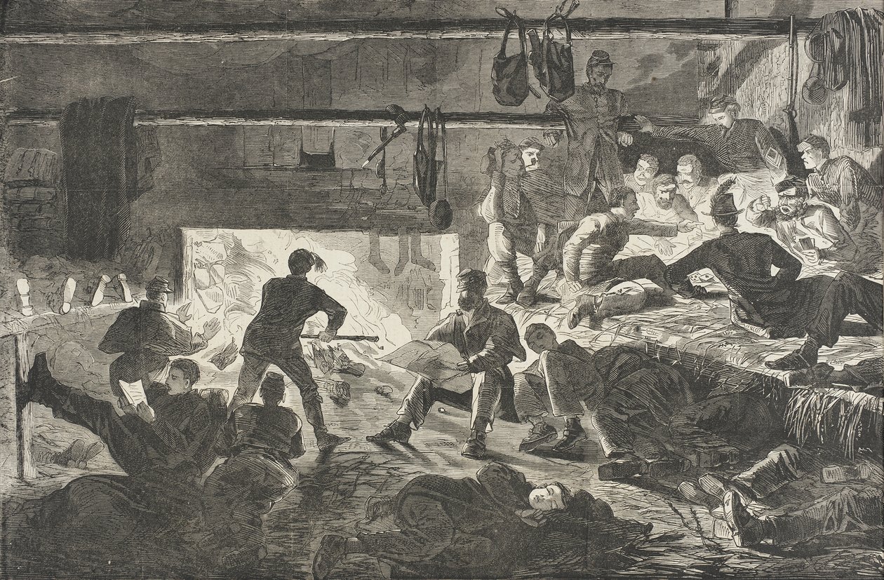 Vinterkvarter i lägret - Insidan av en hydda av Winslow Homer
