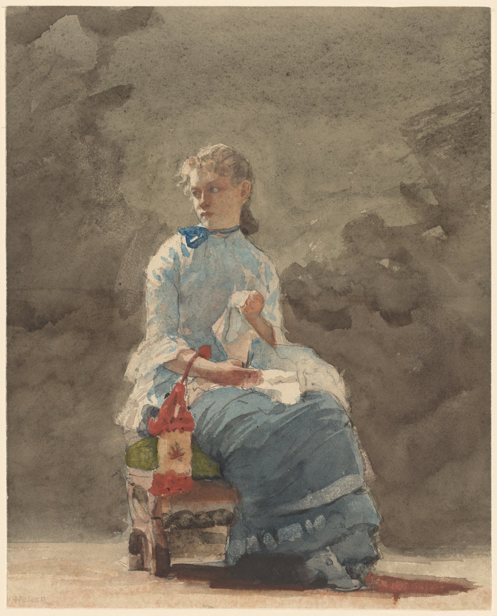 Woman Sewing, 1878-9 (akvarell över grafit på benvitt vävt akvarellpapper) av Winslow Homer