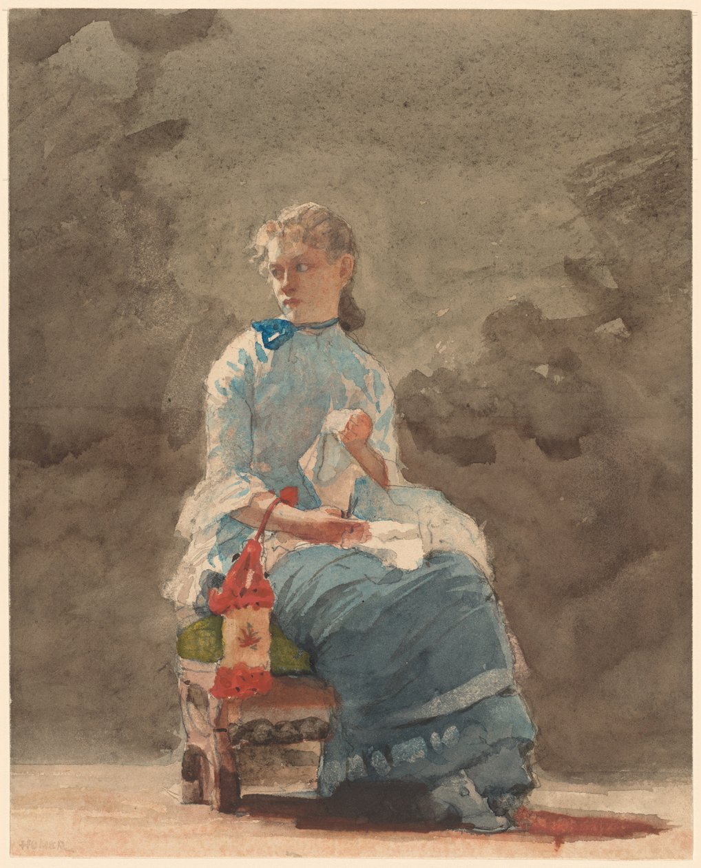 Ung kvinna sysslar med sömnad av Winslow Homer