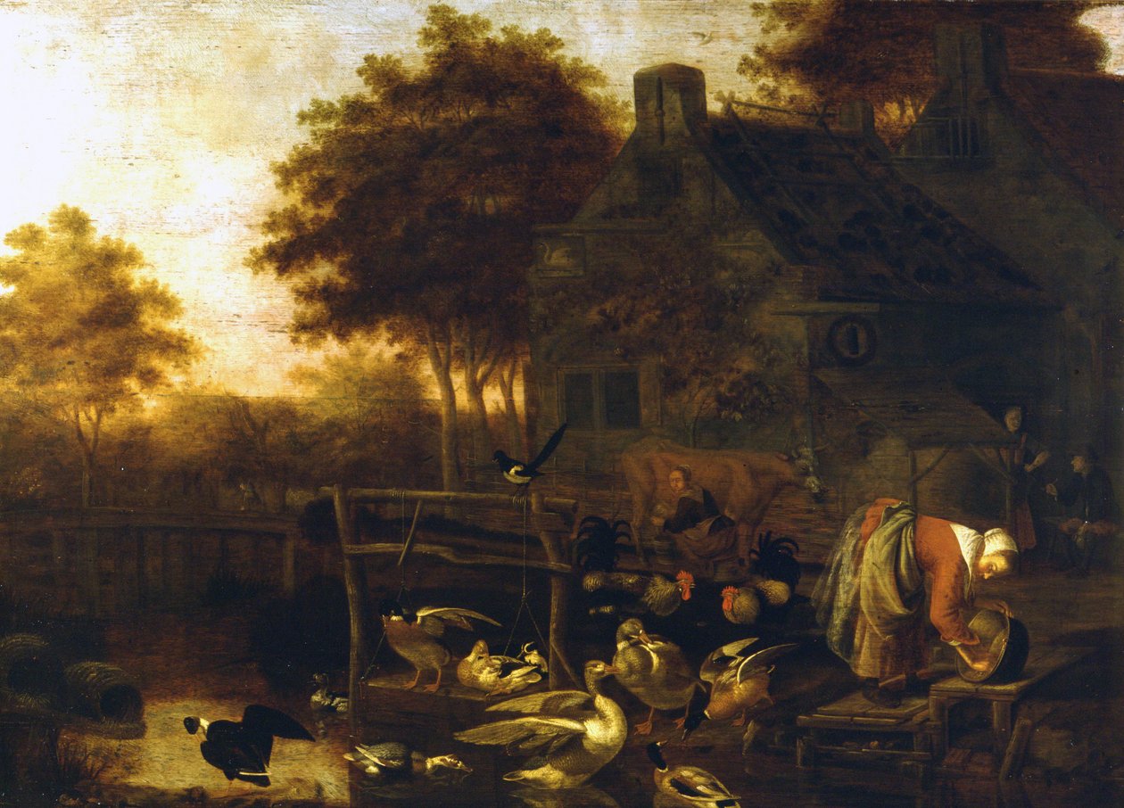 Country Scene in Holland (gård med massor av djur och en bonde som mjölkar en ko) av Wintrack the Young av Wintrack the Younger