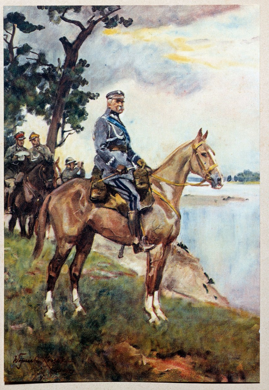 Ridsporträtt av Marechal Jozef (Joseph) Klemens Pilsudski (1867-1935) på sin favorithäst Kasztanka. Målning av Woiciech Von Kossak (1857-1942) av Wojciech Kossak
