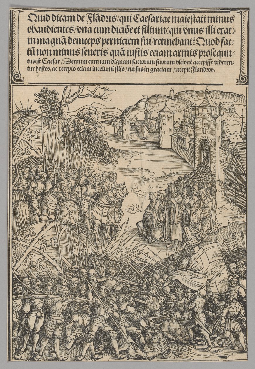 Flemish Rebellion, skylt 7 från historiska scener ur kejsar Maximilian I:s liv från triumfbågen av Wolf Traut