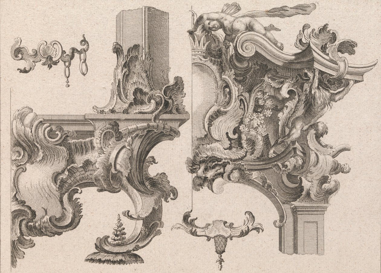 Förslag till dekoration av nedre högra och övre högra delen av en altarram..., tryckt ca. 1750-56. av Wolffgang Christoph Mayr