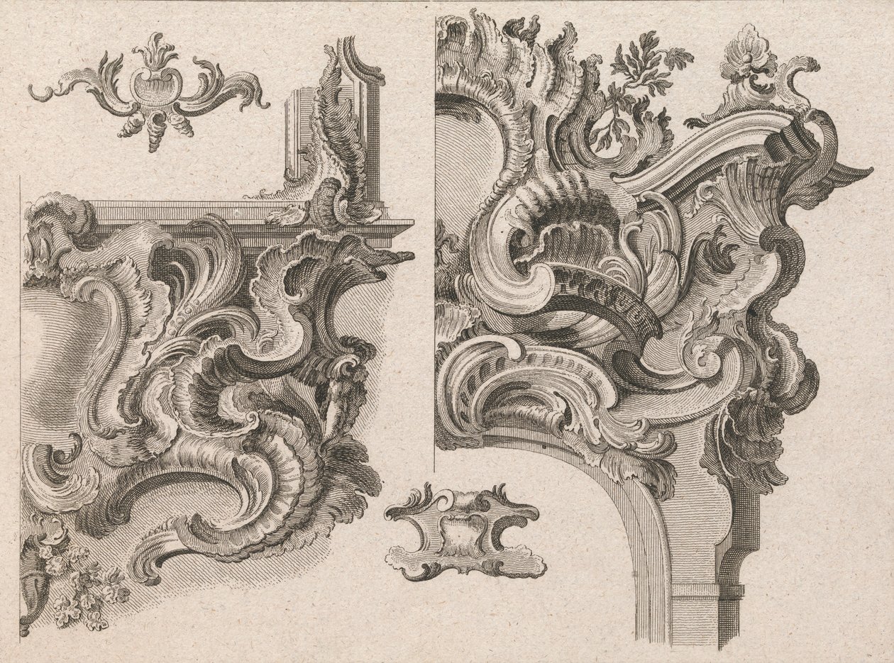 Förslag till dekoration av nedre högra och övre högra delen av en altarram..., tryckt ca. 1750-56. av Wolffgang Christoph Mayr
