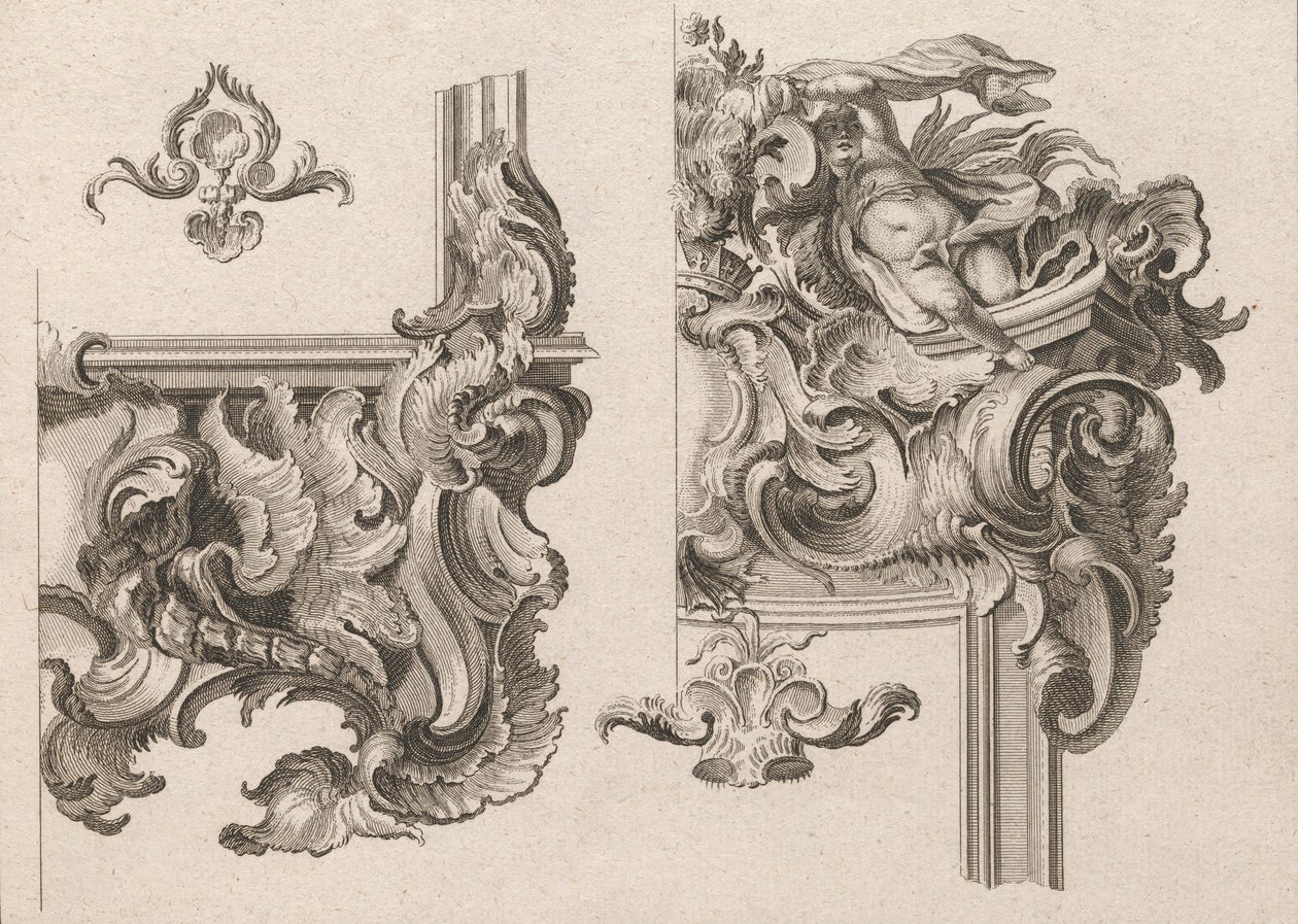Förslag till dekoration av nedre högra och övre högra delen av en altarram..., tryckt ca. 1750-56. av Wolffgang Christoph Mayr