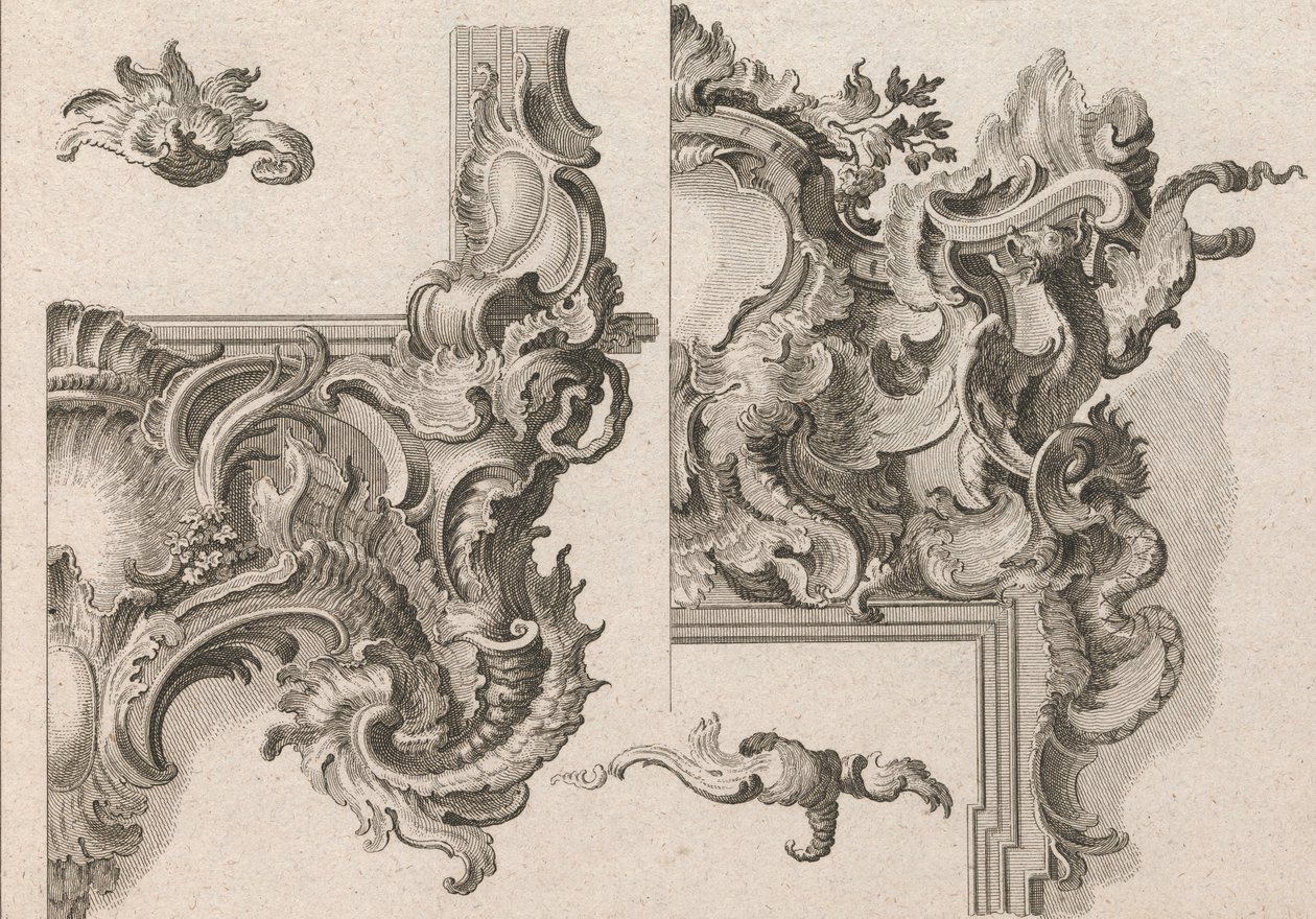 Förslag till dekoration av nedre högra och övre högra delen av en altarram..., tryckt ca. 1750-56. av Wolffgang Christoph Mayr