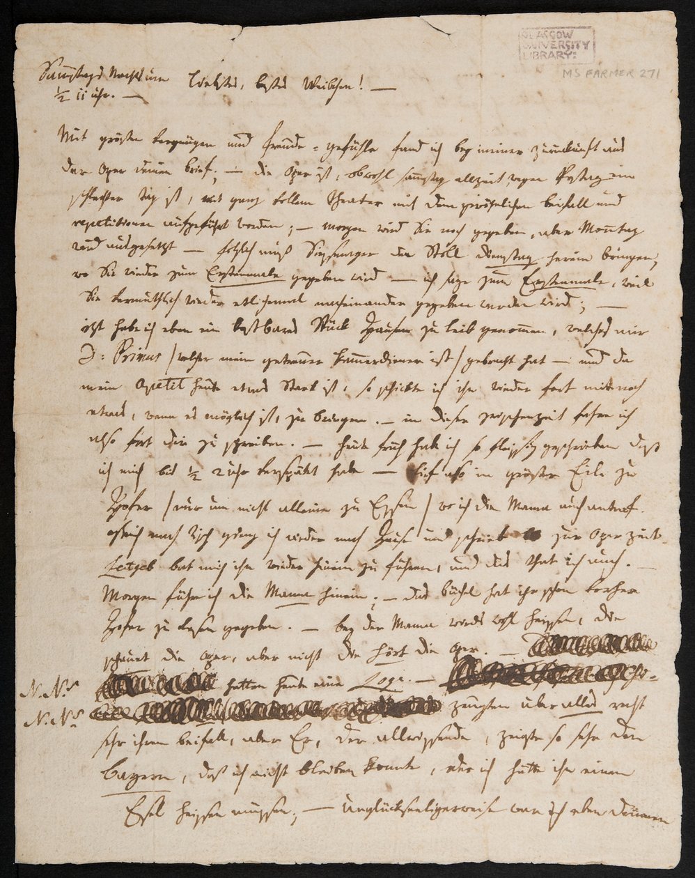 MS Farmer 2715 Brev från W.A. Mozart till hans hustru, Konstanze, 1791 (bläck på papper), sida 1 av Wolfgang Amadeus Mozart