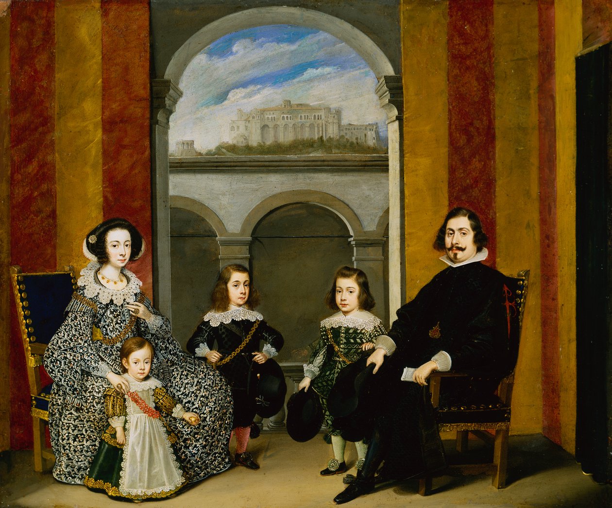 Francesco Tapia, Conte del Vasto, med sin familj sittande i en interiör av Palazzo Tapia med utsikt över Castello di Sant Elmo av Wolfgang Heimbach