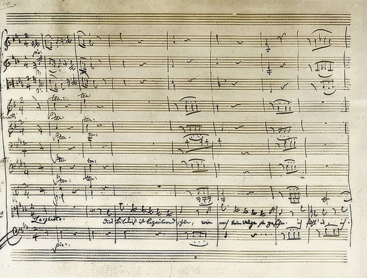 Handskriven skrift av början av Taminos porträttaria från Trollflöjten. Anteckningsavskrift. 1791 av Wolfgang Amadeus Mozart