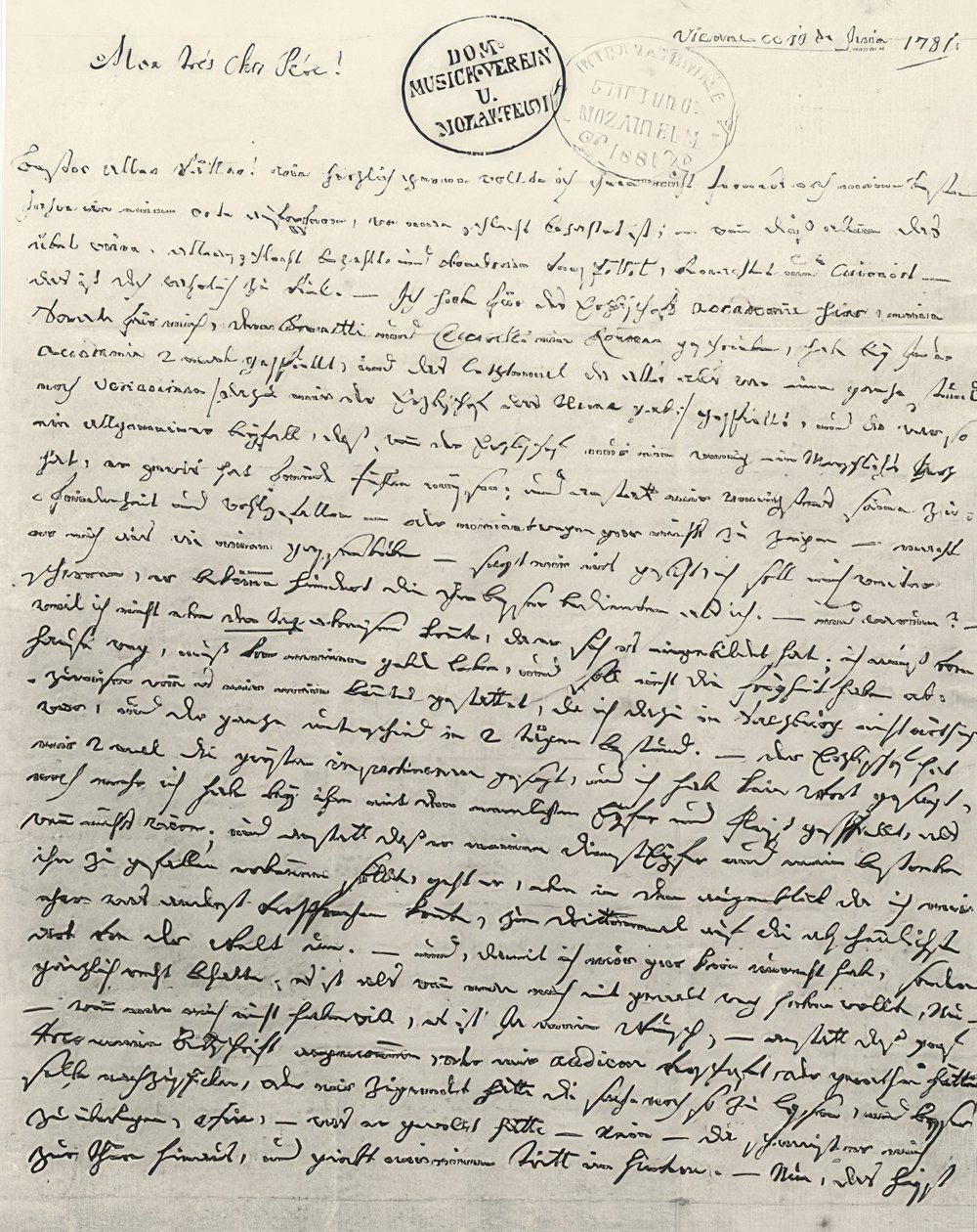 Handskrivet brev till fadern. Wien den 13 juni 1781 av Wolfgang Amadeus Mozart