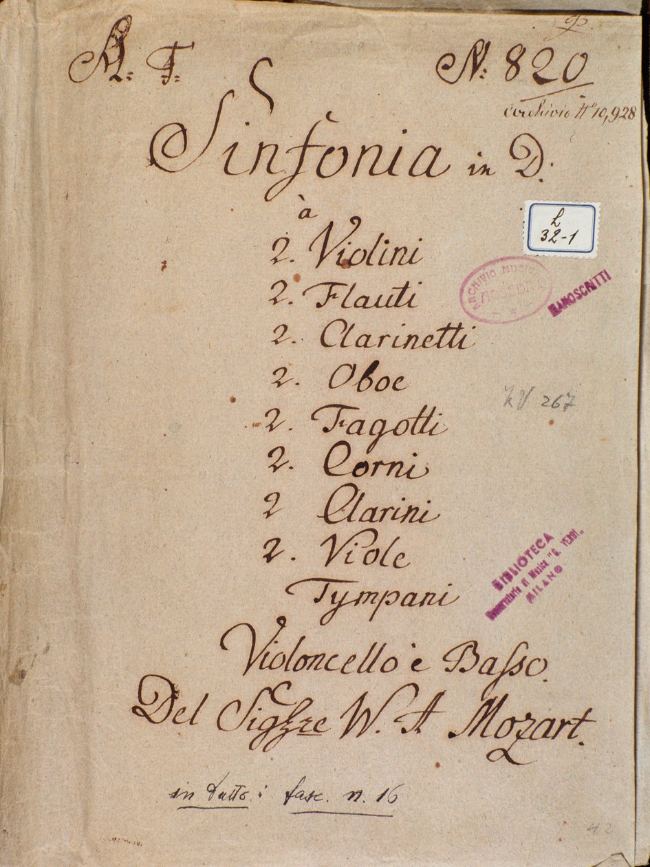 Första sidan av noter till Symfoni nr 4 i D, av Mozart av Wolfgang Amadeus Mozart