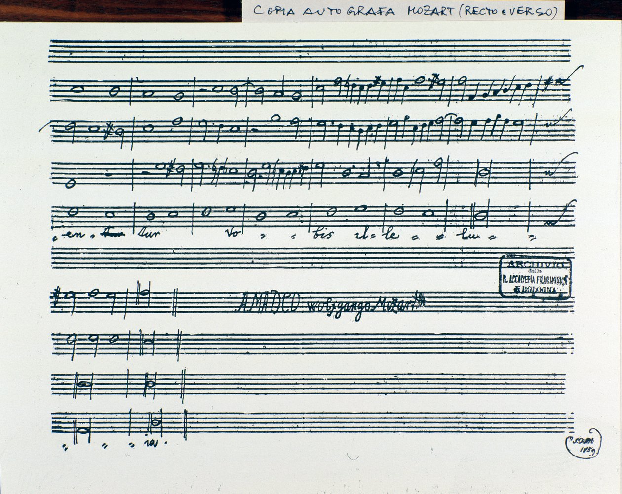 Notblad för Querite primum regnum dei av Mozart för att erhålla titeln Accademia Filarmonico, korrigerad version av fader Martini (1770) av Wolfgang Amadeus Mozart