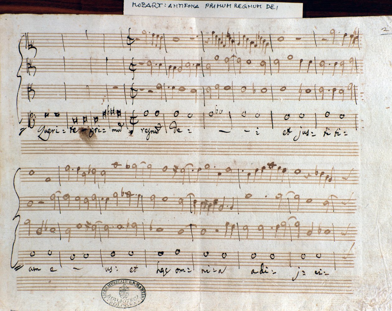Noter på Seek the first rike of God av Mozart för att få titeln Accademico filarmonico (1770) av Wolfgang Amadeus Mozart