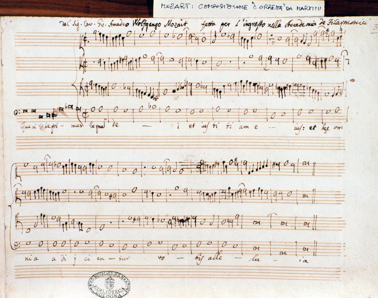 Noter på Seek the first rike of God av Mozart för att få titeln Accademico filarmonico (1770) av Wolfgang Amadeus Mozart