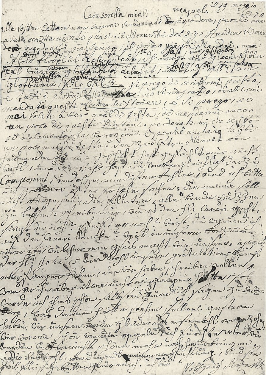 Wolfgang Amadeus Mozart (1756-1791) österrikisk kompositör. Handskrivet brev till sin syster Nannerl. Neapel 19 mars 1770 av Wolfgang Amadeus Mozart