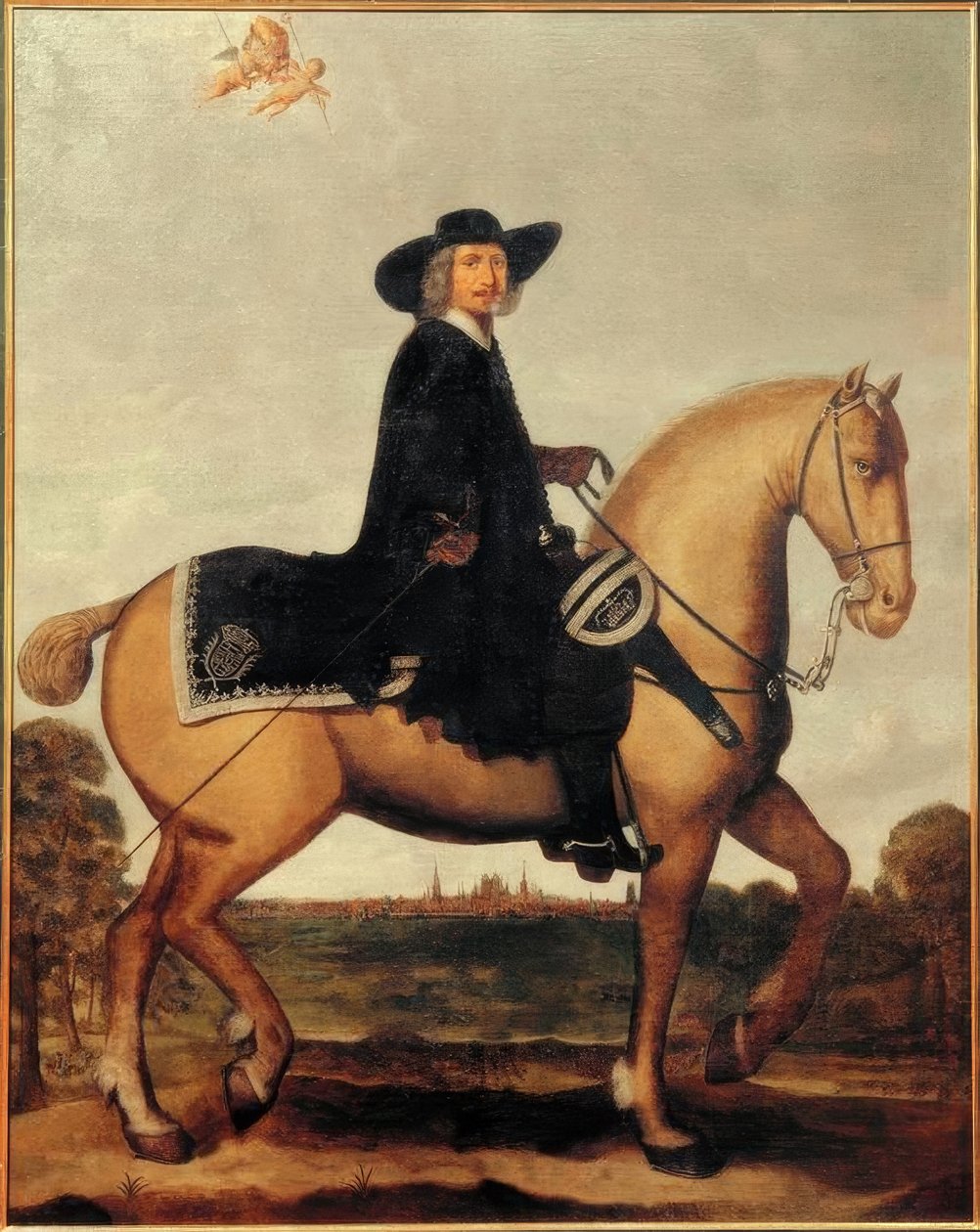 Christoph Bernhard von Galen till häst framför Silhouette M av Wolfgang Heimbach