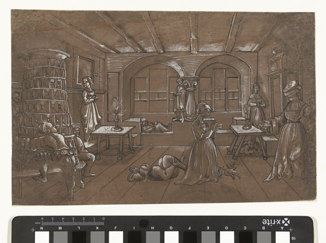 Interiör där åtta barn leker blind man av Wolfgang Huber (school of)