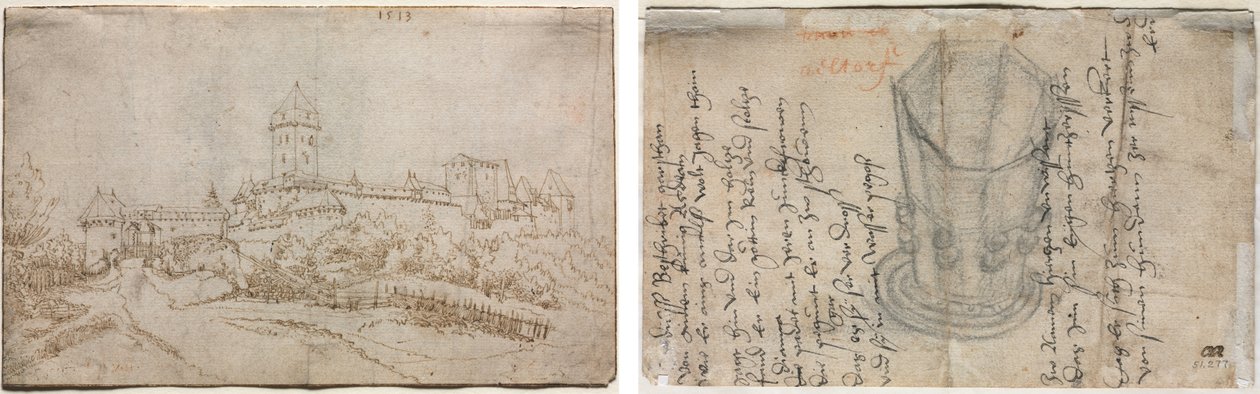 Vy över ett slott (recto); Åttasidig kopp (verso) av Wolfgang Huber