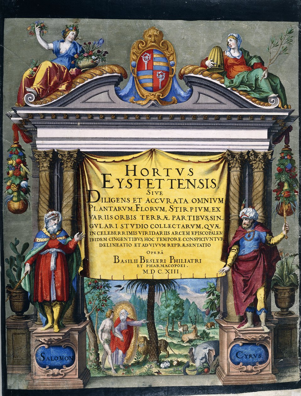 Graverad titel för Florilegium "Hortus Eystettensis" av Basilius Besler av Wolfgang Kilian