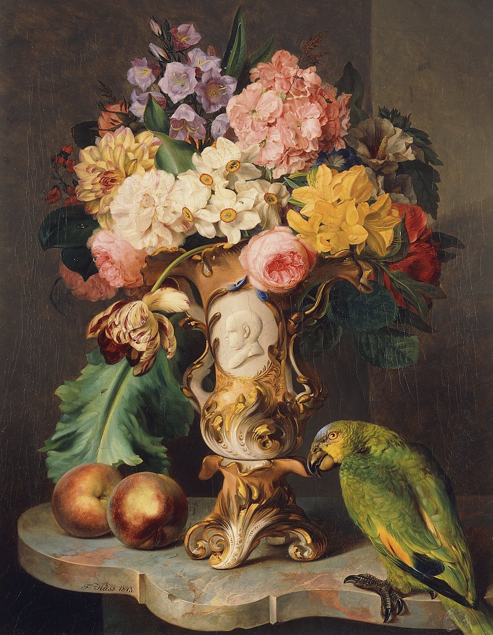 Ett stilleben med en vas med olika blommor, persikor och en papegoja på en marmoravsats, 1843 av Wolfgang Küss