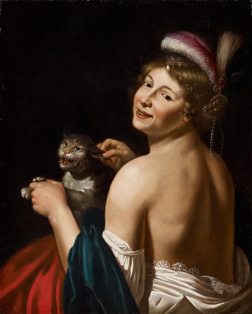 Dra en kurtisan vid örat på en katt av Workshop of Jan van Bijlert