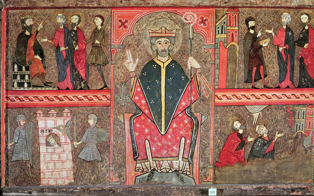 Altarfrontal föreställande Sankt Peter sittande med crozier och fyra scener ur hans liv, 1150-1200 (tempera på panel) av Workshop of Lleida