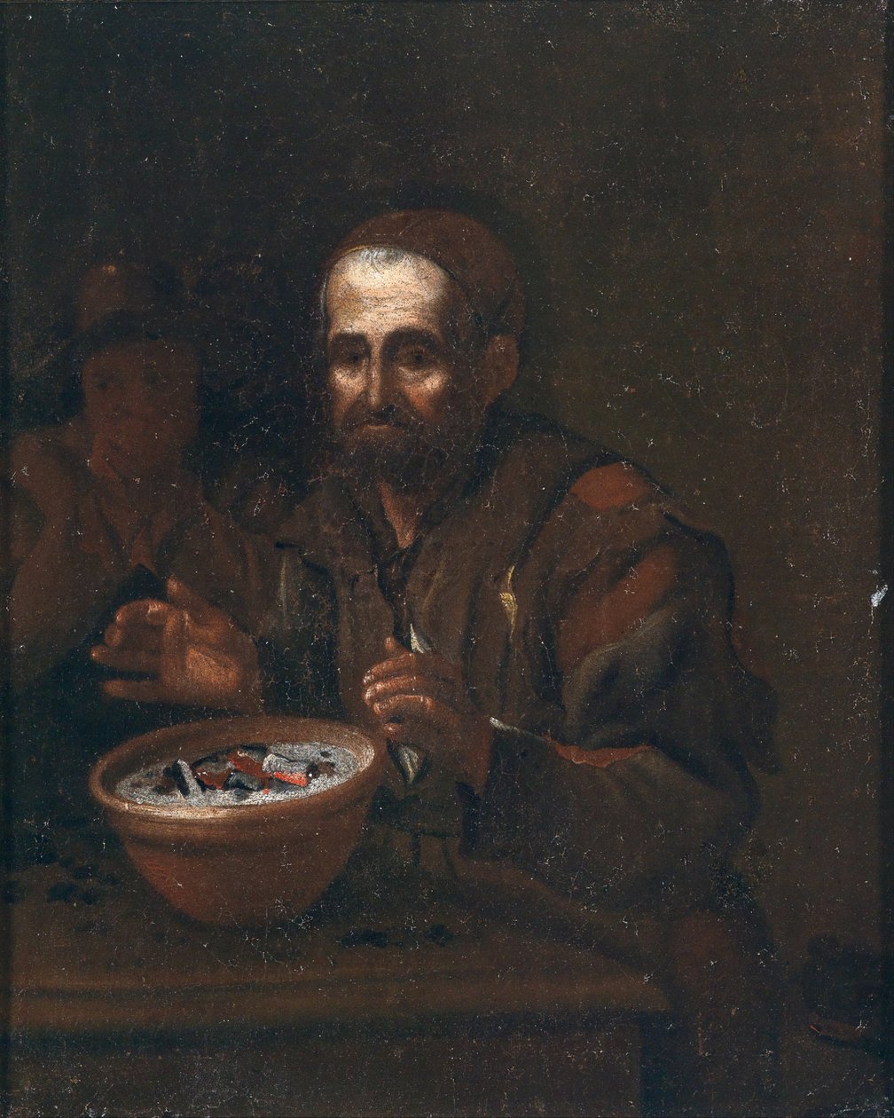 Ein alter sich an einem Kohlefeuer wärmender Mann av Workshop of Michiel Sweerts