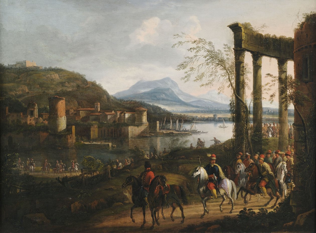 Weite italienisierende Flusslandschaft mit Ruinen, Hafenanlage und großem Reiterzug av Willem van Bemmel