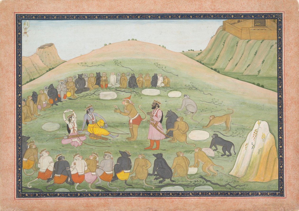 Hanuman återupplivar Rama och Lakshmana med medicinska örter...,Ramayana-serien, ca. 1790. av Workshop active in the First generation
