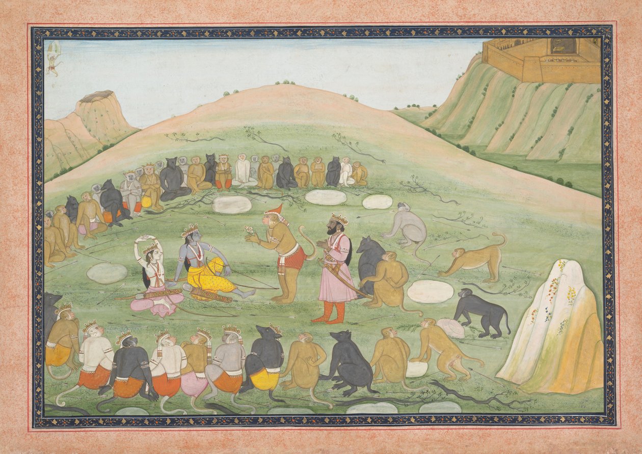 Hanuman återupplivar Rama och Lakshmana med medicinska örter: Illustrerad folio..., ca. 1790. av Workshop active in the First generation