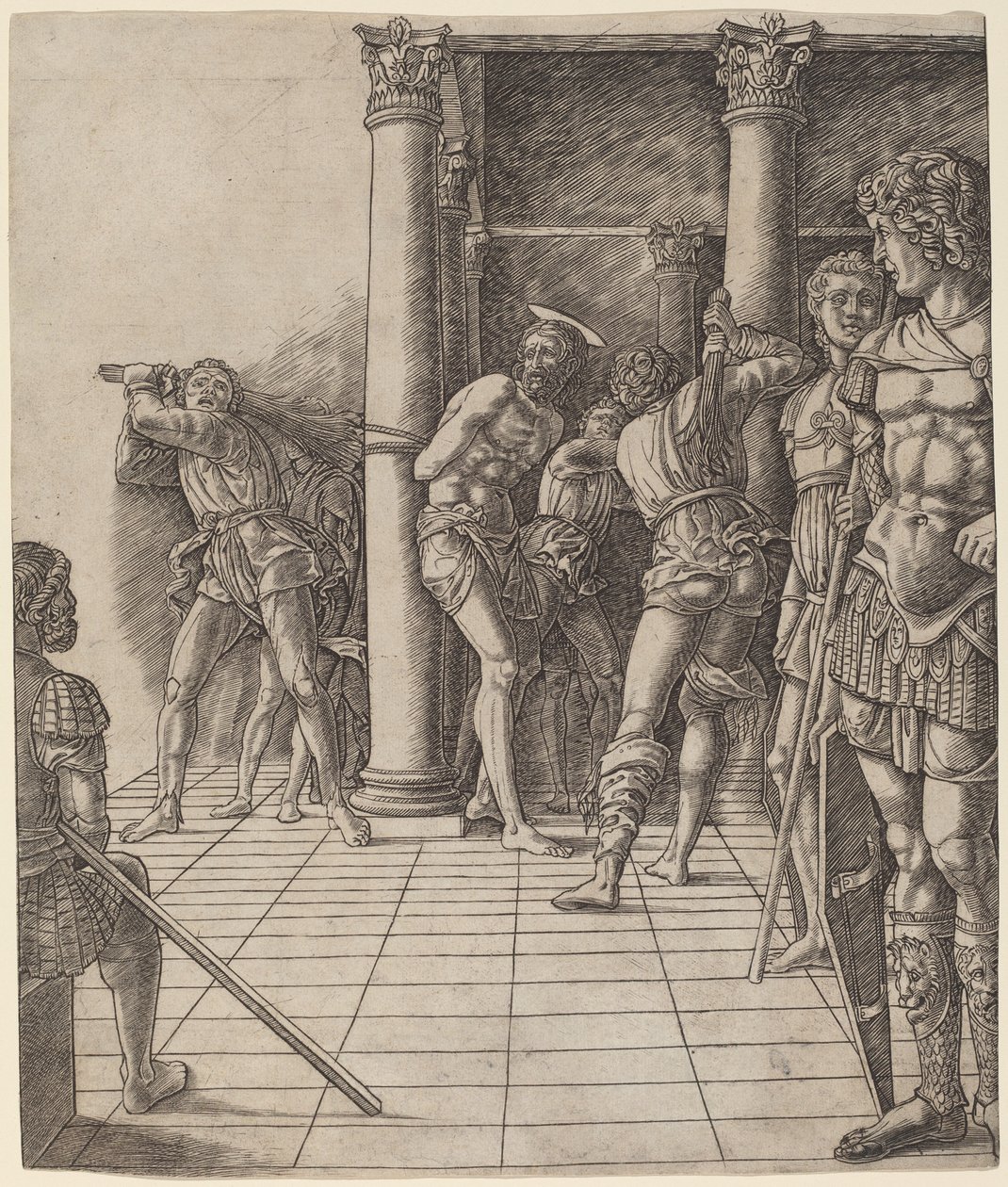 Kristi flagellation, med trottoaren av Workshop of Andrea Mantegna