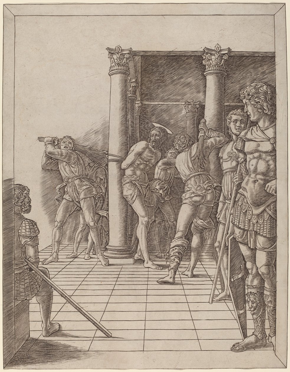 Kristi flagellation, med trottoaren av Workshop of Andrea Mantegna