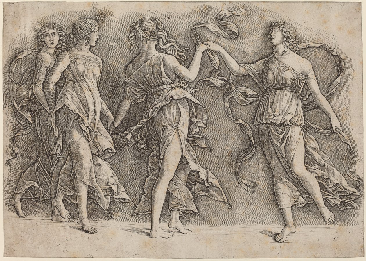 Fyra dansande musor av Workshop of Andrea Mantegna