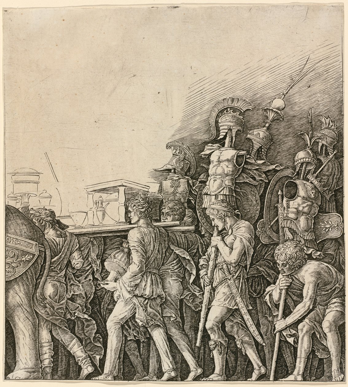 Caesars triumf: soldater som bär troféer av Workshop of Andrea Mantegna