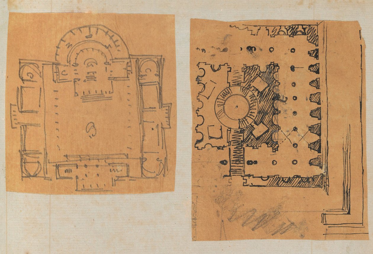 Sida från en klippbok som innehåller ritningar och flera utskrifter av arkitektur, Int..., ca. 1800-1850. Skapare: Workshop av Charles Percier, Workshop av Pierre François Léonard Fontaine. av Workshop of Charles Percier, Workshop of Pierre