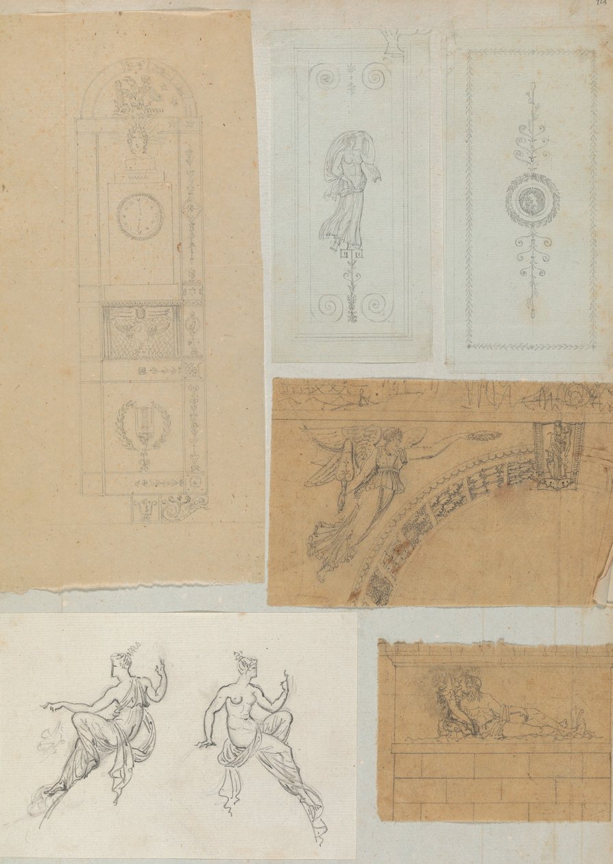 Sida från en klippbok som innehåller ritningar och flera utskrifter av arkitektur, Int..., ca. 1800-1850. Skapare: Workshop av Charles Percier, Workshop av Pierre François Léonard Fontaine. av Workshop of Charles Percier, Workshop of Pierre