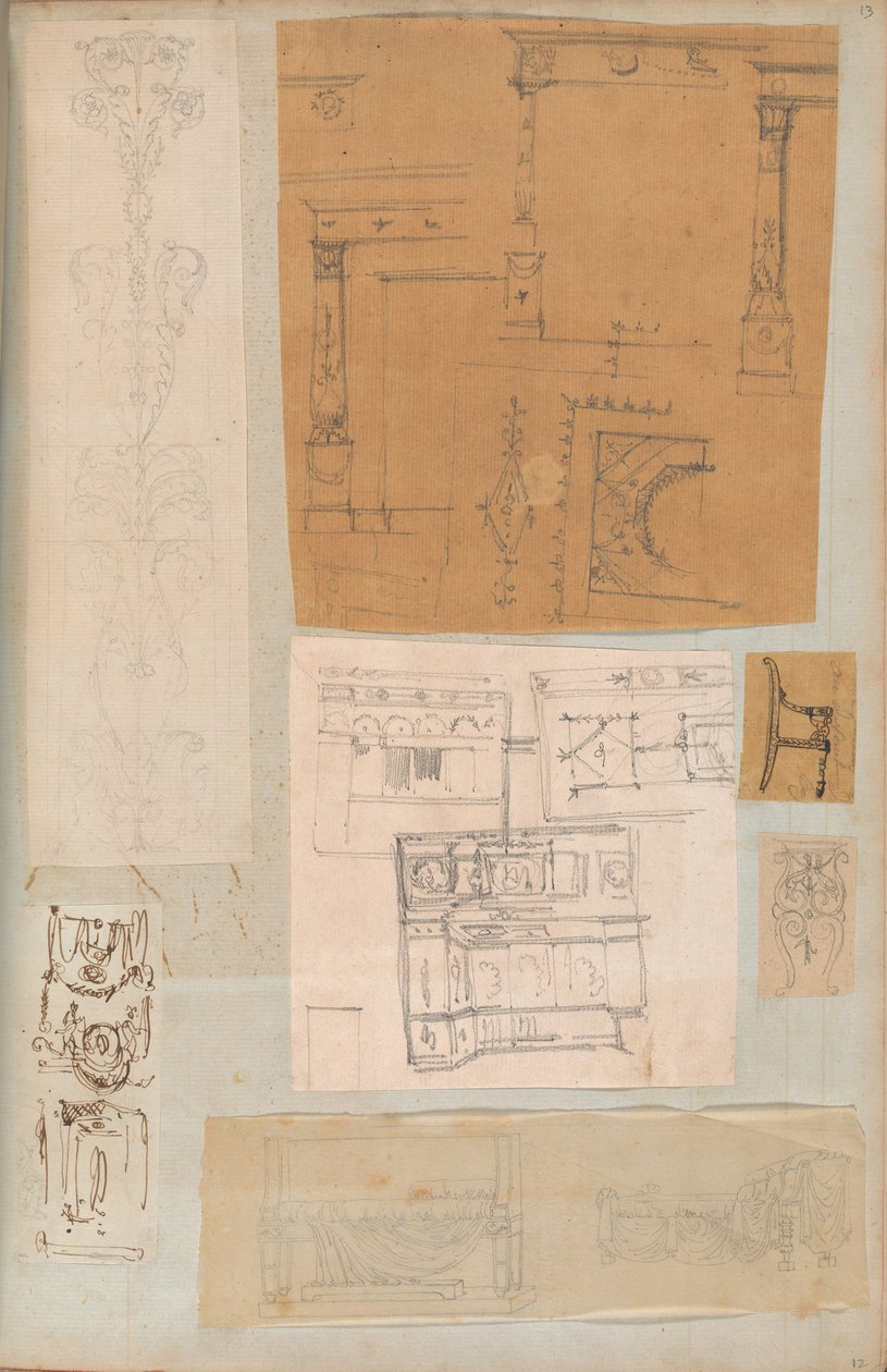 Sida från en klippbok som innehåller ritningar och flera utskrifter av arkitektur, Int..., ca. 1800-1850. Skapare: Workshop av Charles Percier, Workshop av Pierre François Léonard Fontaine. av Workshop of Charles Percier, Workshop of Pierre