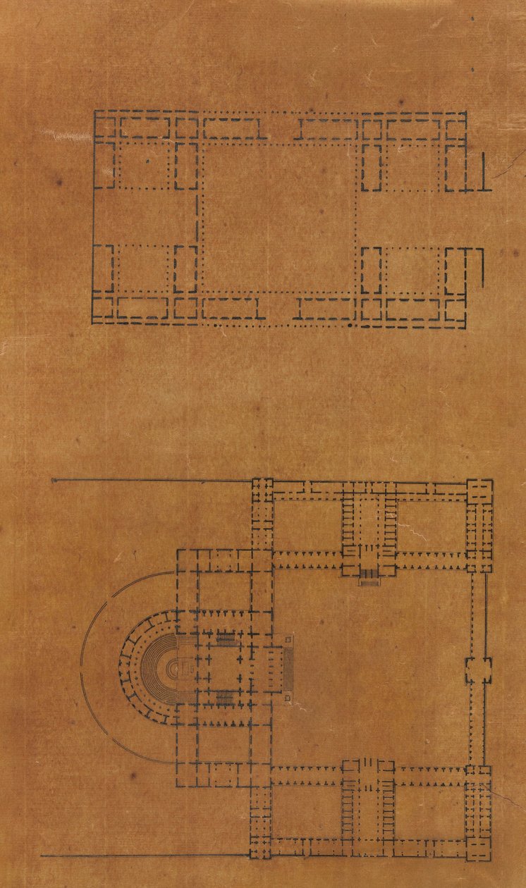 Sida från en klippbok som innehåller ritningar och flera utskrifter av arkitektur, Int..., ca. 1800-1850. Skapare: Workshop av Charles Percier, Workshop av Pierre François Léonard Fontaine. av Workshop of Charles Percier, Workshop of Pierre