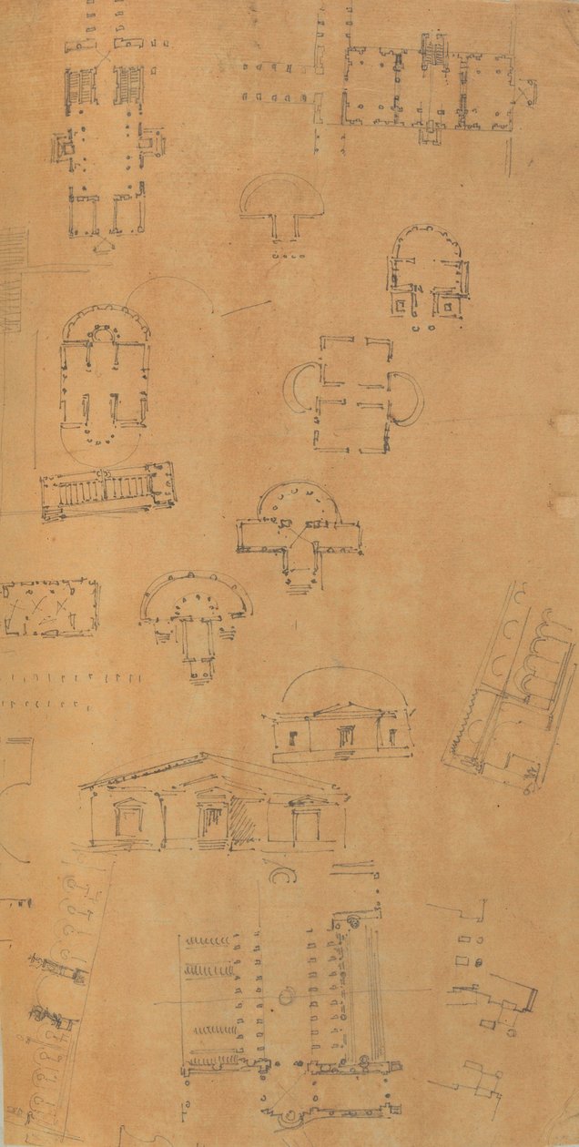 Sida från en klippbok som innehåller ritningar och flera utskrifter av arkitektur, Int..., ca. 1800-1850. Skapare: Workshop av Charles Percier, Workshop av Pierre François Léonard Fontaine. av Workshop of Charles Percier, Workshop of Pierre